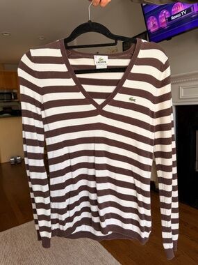 Vintage Lacoste Brown & White Striped V-Neck Sweater